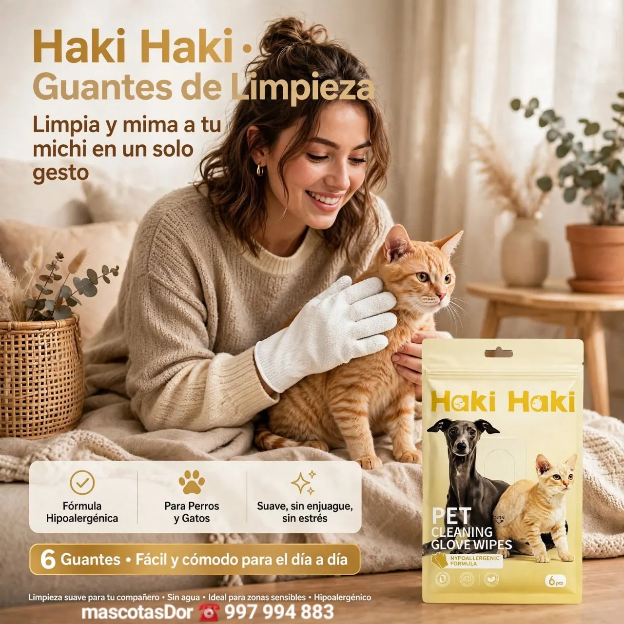 Haki Haki Guante Limpieza para mascotas 6un.